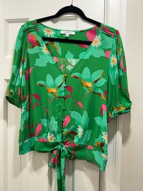 Rose & Olive Green Floral Tie-Front Blouse with Pink Accents